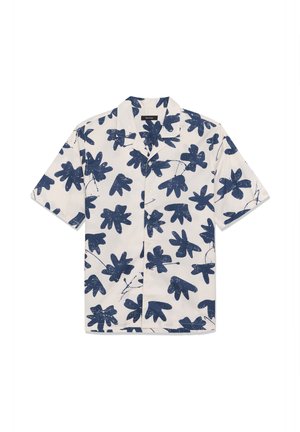 Chemise à manches courtes avec boutons, fond crème et imprimé floral abstrait bleu marine audacieux.