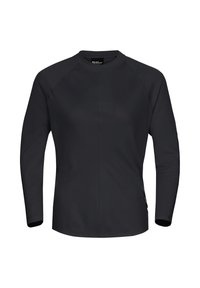Schwarzes Langarmshirt mit Rundhalsausschnitt, Raglanärmeln und einer glatten Textur. Besitzt minimale Nähte und ein seitliches Etikett.