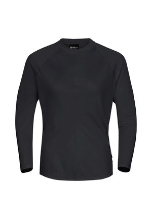 Schwarzes Langarmshirt mit Rundhalsausschnitt, Raglanärmeln und einer glatten Textur. Besitzt minimale Nähte und ein seitliches Etikett.