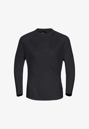 Schwarzes Langarmshirt mit Rundhalsausschnitt, Raglanärmeln und einer glatten Textur. Besitzt minimale Nähte und ein seitliches Etikett.