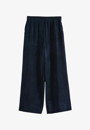 Textured dark blue wide-leg pants with an elastic waistband and side pockets, featuring subtle vertical ribbing for added detail.