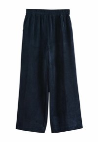 Strukturierte, dunkelblaue, weite Hosen mit elastischem Bund und seitlichen Taschen, die durch dezente vertikale Rippungen für zusätzlichen Detailreichtum bestechen.