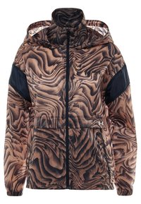 Lätt jacka med ett virvlande mönster i brunt och svart, svart dragkedja fram och fickor. Huva med elastiska ärmslut och paneler.