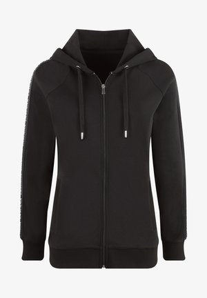 Black zip-up hoodie with a hood, long sleeves, and side pockets. Features contrasting text along the shoulder seams and textured cuffs.
