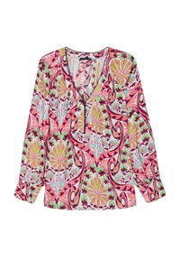 Langärmlige Bluse mit einem lebhaften mehrfarbigen Blumenmuster. Hergestellt aus leichtem Stoff mit einem V-Ausschnitt und Knopfleiste.
