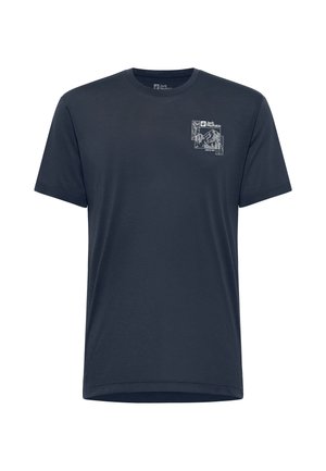 T-shirt a maniche corte di colore blu navy realizzato in tessuto morbido. Presenta una grafica sul lato sinistro del petto con immagini di montagne e testo.
