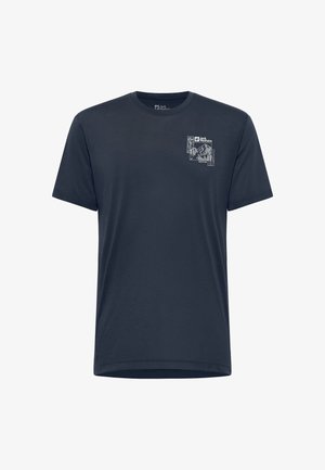 Navy blue short-sleeve t-shirt made of soft fabric. Features a graphic design on the left chest area with mountain imagery and text.