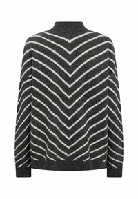 Pull gris avec un col montant, présentant un motif en chevrons avec des rayures blanches sur le corps. Texture douce et coupe ample.