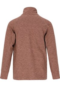 Bruine fleece pullover met een hoge kraag, lange mouwen en platte naden. Zacht, gestructureerd materiaal met een gemêleerd patroon.