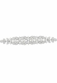 A silver-toned bracelet featuring a floral design with alternating clusters of round pearls and sparkling gemstone accents.
