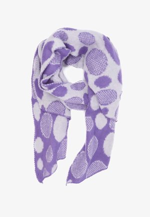 Sciarpa viola con grandi e piccoli motivi circolari in tonalità più chiare, realizzata in un tessuto morbido con orlo frangiato e una texture leggera.