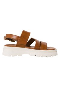 Brown leather sandal with three wide straps, white textured sole, and adjustable heel strap, featuring a simple, modern design.
