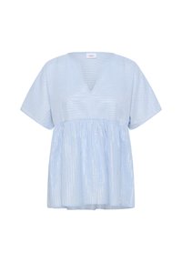 Light blue short-sleeve blouse with a V-neck, featuring vertical white stripes and a gathered waistline for a relaxed fit.
