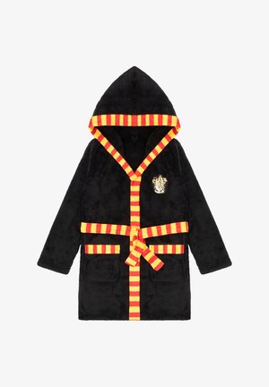 Black fleece robe with a hood, featuring red and yellow striped accents, a waist tie, and two front pockets. Includes a lion emblem.