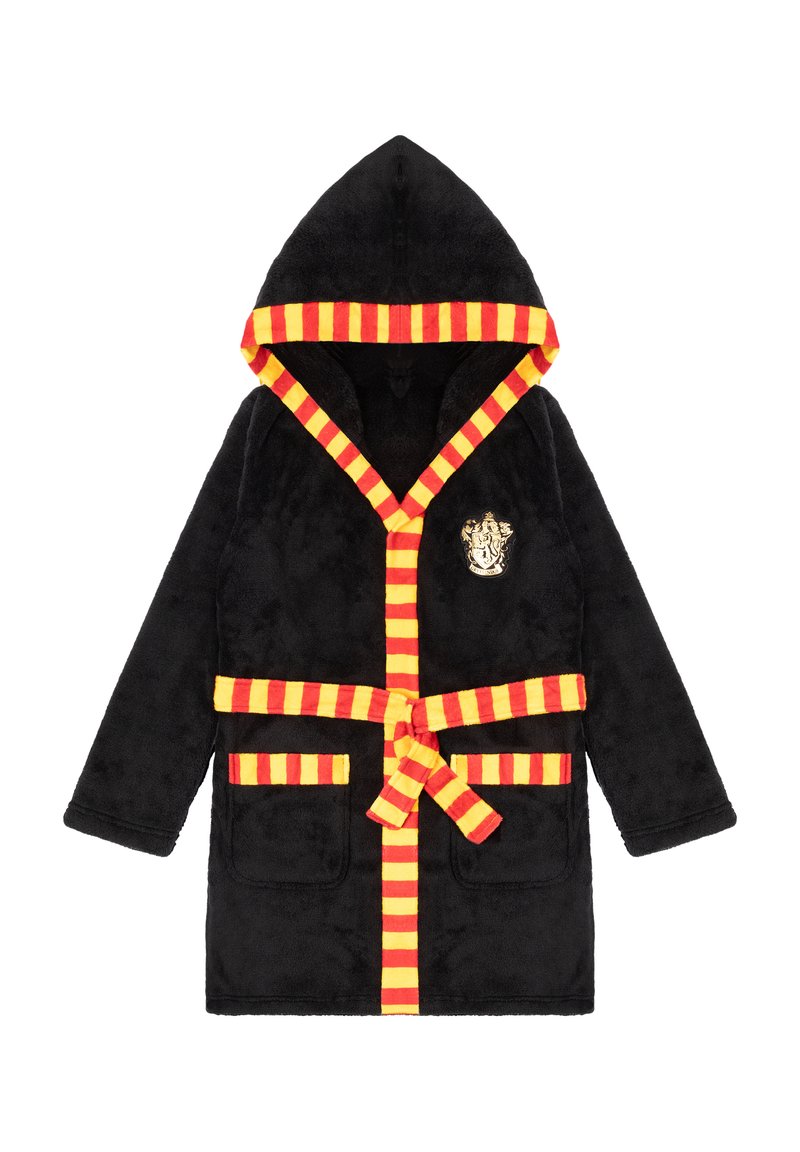 Black fleece robe with a hood, featuring red and yellow striped accents, a waist tie, and two front pockets. Includes a lion emblem.