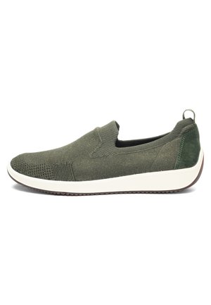 Low-profile olive green slip-on sneaker with knit upper, white sole, and suede heel tab, designed for casual wear.