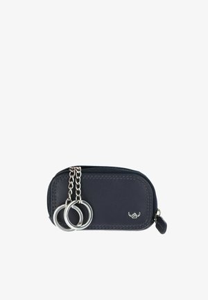 Petit porte-clés en cuir noir avec fermeture éclair argentée, deux anneaux clés argentés attachés par des chaînes et un petit logo argenté sur le devant.