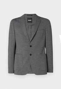 Blazer grigio realizzato in tessuto testurizzato, con rever a punta, due tasche anteriori, due bottoni e una tasca interna con etichetta del marchio.
