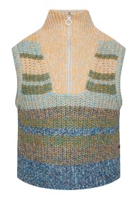 Bezrekawny dzianinowy sweter- kamizelka z półzamkiem przy kołnierzu, z poziomymi paskami w odcieniach niebieskiego, zielonego, beżowego i brązowego.