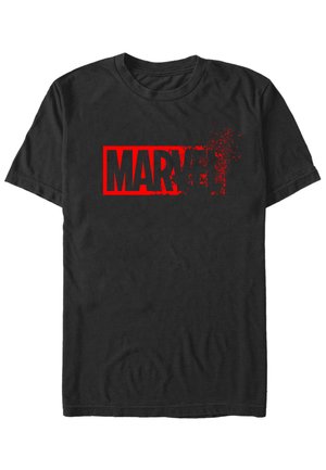 Black cotton t-shirt featuring a bold, distressed red "MARVEL" graphic across the chest in an uppercase block font.