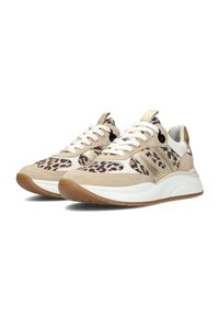 Sneaker con tomaia beige e stampa leopardata, accenti dorati e lacci bianchi. Presentano una suola bianca spessa e materiali testurizzati.