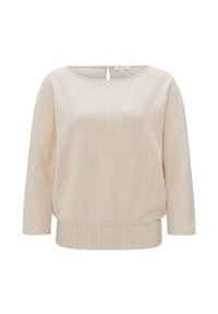Pullover crema con strisce verticali chiare, scollo ampio e maniche a tre quarti. Tessuto morbido e vestibilità leggermente rilassata in vita.