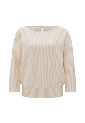 Pullover crema con strisce verticali chiare, scollo ampio e maniche a tre quarti. Tessuto morbido e vestibilità leggermente rilassata in vita.