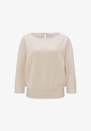 Crème trui met verticale lichte strepen, brede halslijn en driekwart mouwen. Zachte textuur en iets relaxte pasvorm rond de taille.