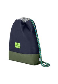 Sötétkék és olívazöld színű, strapabíró anyagból készült húzózsinóros táska. Logóval ellátott folt és textúrált, több színű zsinór biztosítja a zárást.