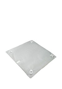Gray outdoor mat with a textured surface, featuring four white attachment clips at each corner for securing it in place.