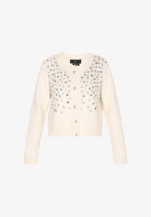 Crème-kleurige cardigan van zachte stof, met zilveren rhinestones in een patroon aan de voorkant, en vijf knopen in het midden.