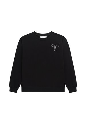 Black long-sleeve sweatshirt with a small white rhinestone bow design on the upper left chest and ribbed cuffs and hem.