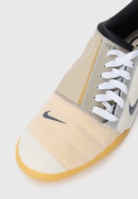 Gros plan d'une basket Nike beige et grise avec des lacets blancs et une semelle en gomme, montrant des panneaux cousus et un petit logo Nike Swoosh noir sur l'orteil.