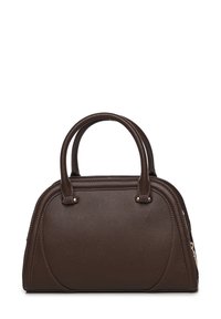 Borsa a mano in pelle marrone con design strutturato, manici arrotondati e superficie testurizzata. Presenta cuciture decorative e accenti in hardware dorato.