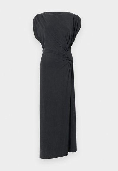 Black sleeveless long dress with gathered detail on right side, creating subtle draped effect, displayed against white background.