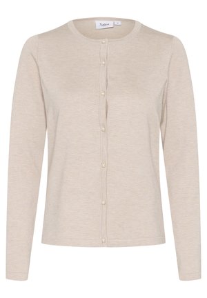 Cardigan bej deschis, cu mâneci lungi, decolteu rotund și o serie de nasturi mici, rotunzi, pe față. Textură moale, din tricot.