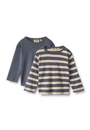 To langærmede småbørnsbluser, den ene ensfarvet gråblå og den anden beige med gråblå vandrette striber, hver med trykknapper på skulderen.
