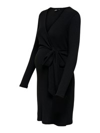 Robe de maternité noire côtelée avec manches longues, encolure en V et détail noué à la taille. Tissu doux offrant confort et ajustement réglable.