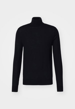 Musta pooli, pitkähiha, tiukka malli, neulottu pinta, pehmeä materiaali, ei näkyviä kuvioita tai yksityiskohtia.