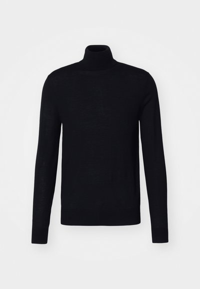 Melnas augsta apkakle džemperis, garās piedurknes, pieguļošs dizains, adīta tekstūra, mīksts materiāls, nav redzamu rakstu vai akcentu.