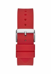 Roter Silikon-Uhrenarmband mit glatter Oberfläche, Metallverschluss und mehreren Einstelllöchern für die Größe. Schlichtes Design mit flacher Fläche.