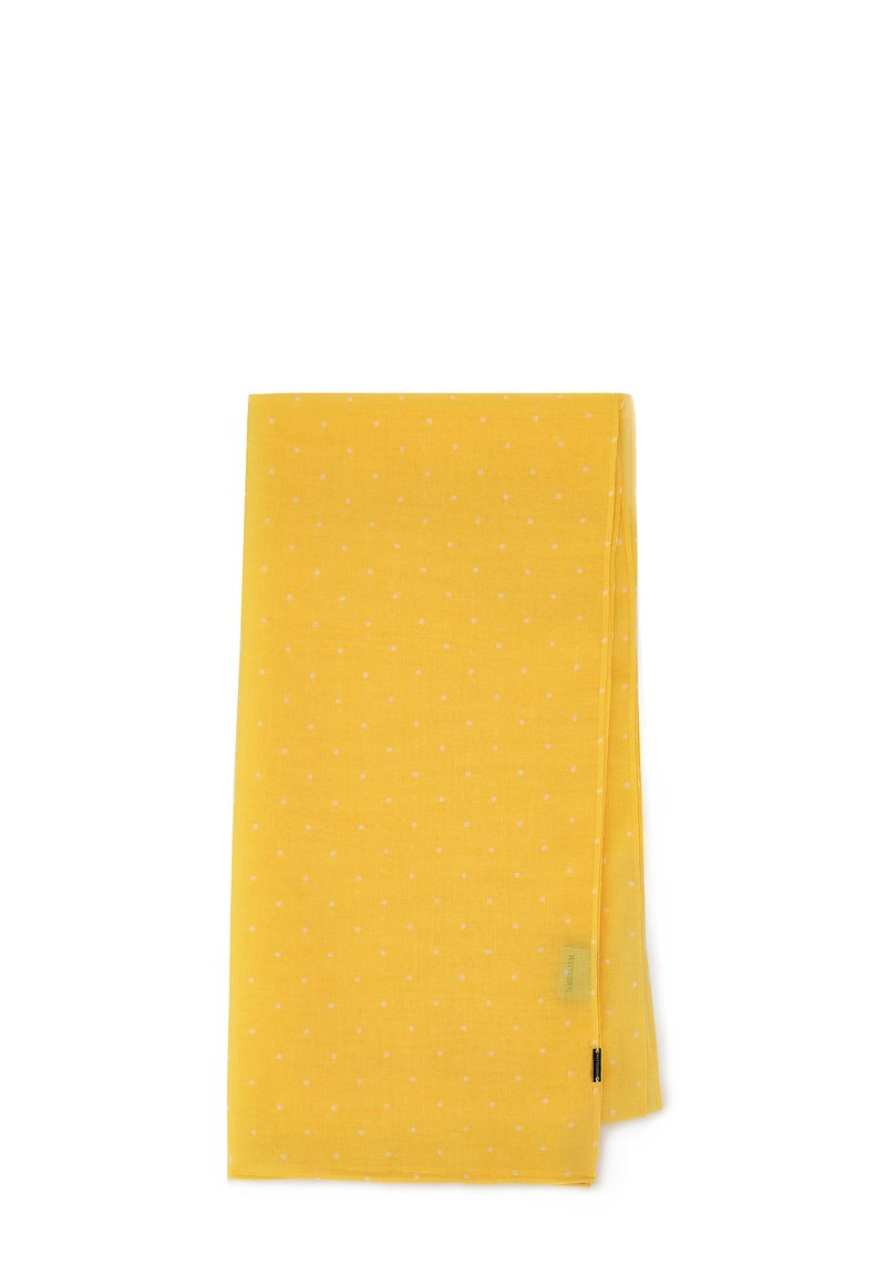 Bufanda de algodón amarilla con una textura suave, que presenta pequeños lunares rosas. Forma rectangular con una etiqueta en un lado.