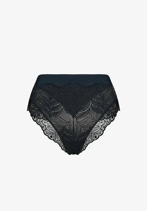 Czarne majtki z wysokim stanem z kwiatowym wzorem koronkowym pokrywającym przód oraz falistymi koronkowymi brzegami.