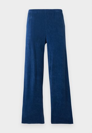 Pantaloni blu a gamba larga con vita elastica, realizzati in tessuto morbido e strutturato, mostrati su uno sfondo chiaro e uniforme.