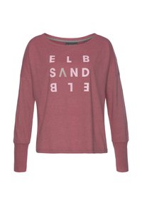 Maroon long-sleeve shirt with a wide neckline. Features oversized, vertical white text "ELB SAND" centered on the front. Soft fabric texture.