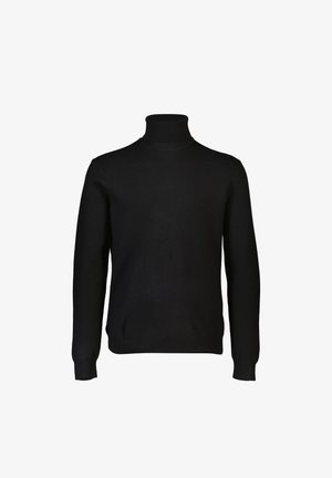 Zwarte coltrui gemaakt van zachte gebreide stof. Heeft lange mouwen en geribbelde details bij de hals en de zoom. Klassiek silhouet.