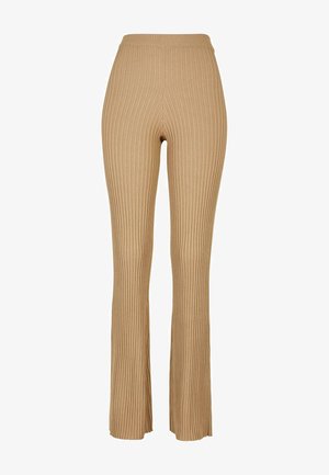 Beige, bordás, harang szabású nadrág magas derékkal, függőleges csíkokkal a textúráért. Puha, rugalmas anyagból készült.