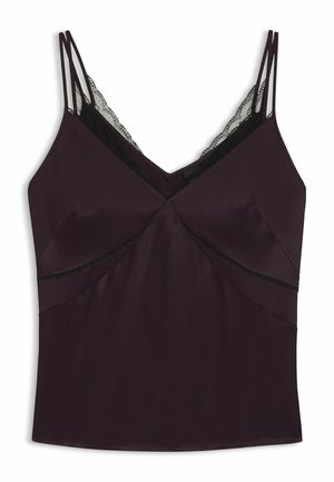 Camisole en satin violet foncé avec fines bretelles et garniture en dentelle noire. Présente un décolleté en V avec des plis croisés sur la poitrine et les côtés.