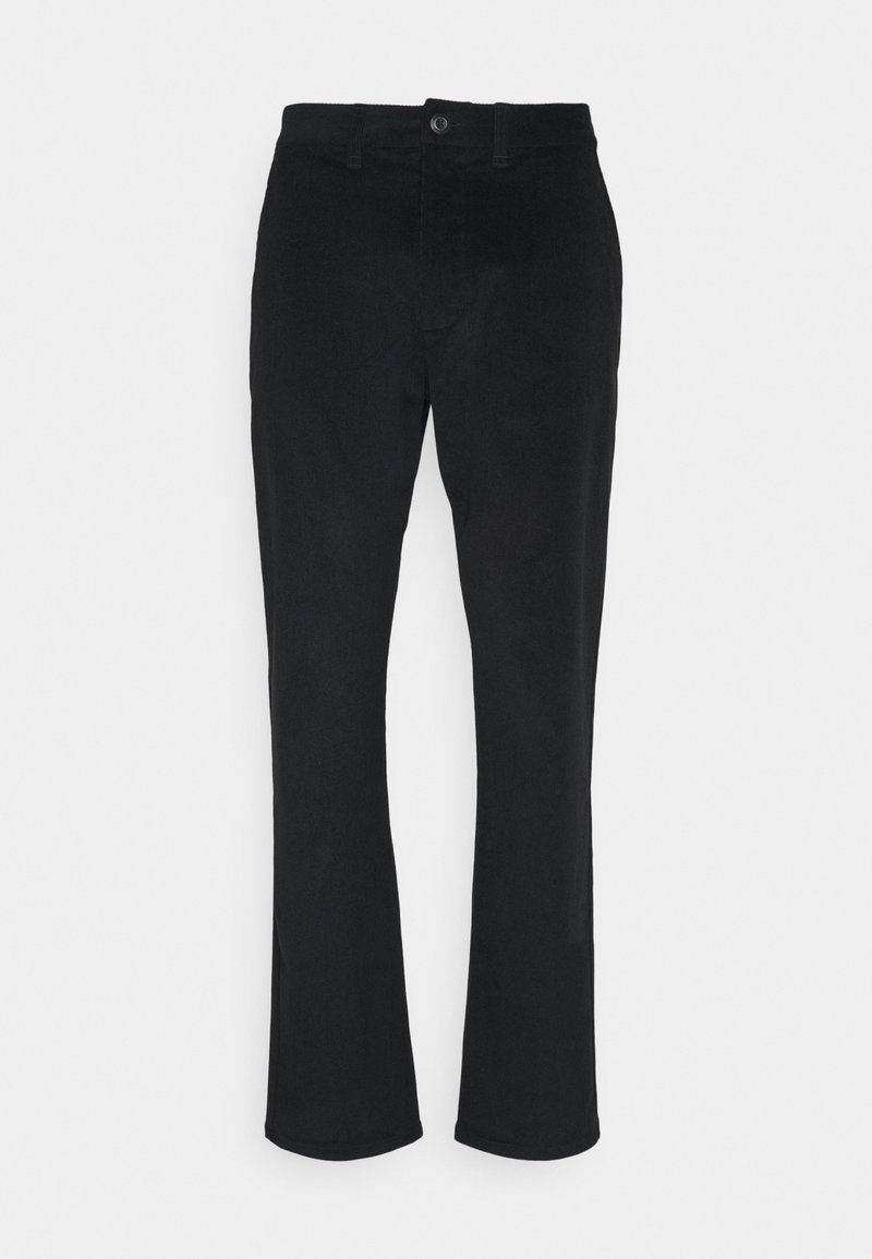 Pantalon noir droit avec fermeture bouton et fermeture éclair, passants de ceinture, et texture lisse.