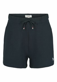 Tmavě navy šortky vyrobené z texturované látky, s elastickým pasem na šňůrku a malým vyšitým logem na lemu.